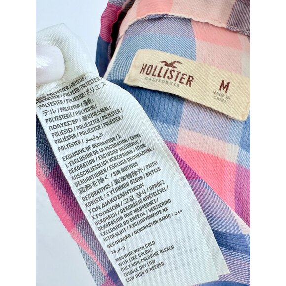 Hollister 2016 Pink & Blue Sheer Plaid Button-Up & Roll Cuffs Casual Relaxed Top - Picture 12 of 13